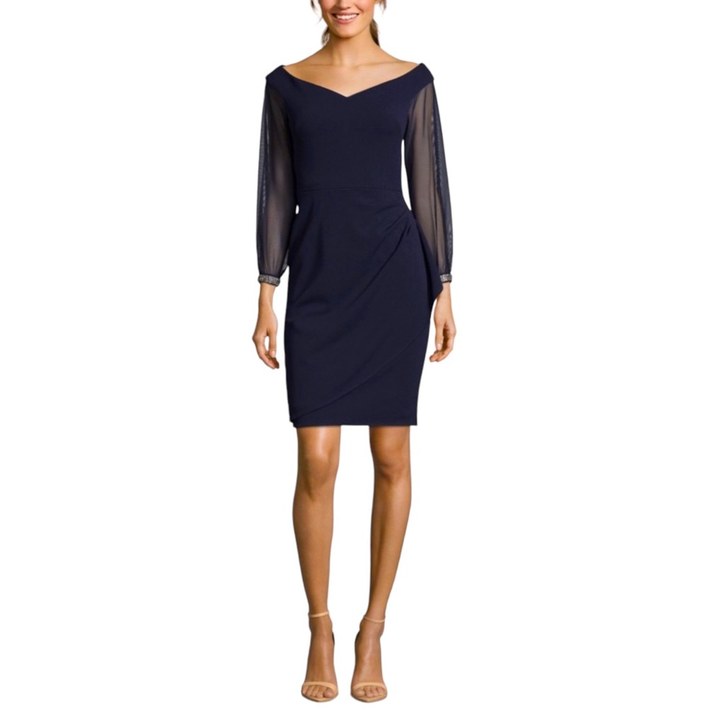 XSCAPE sz 8 Dress Sheath Elegant Cocktail Long Sleeves Navy Blue NWT